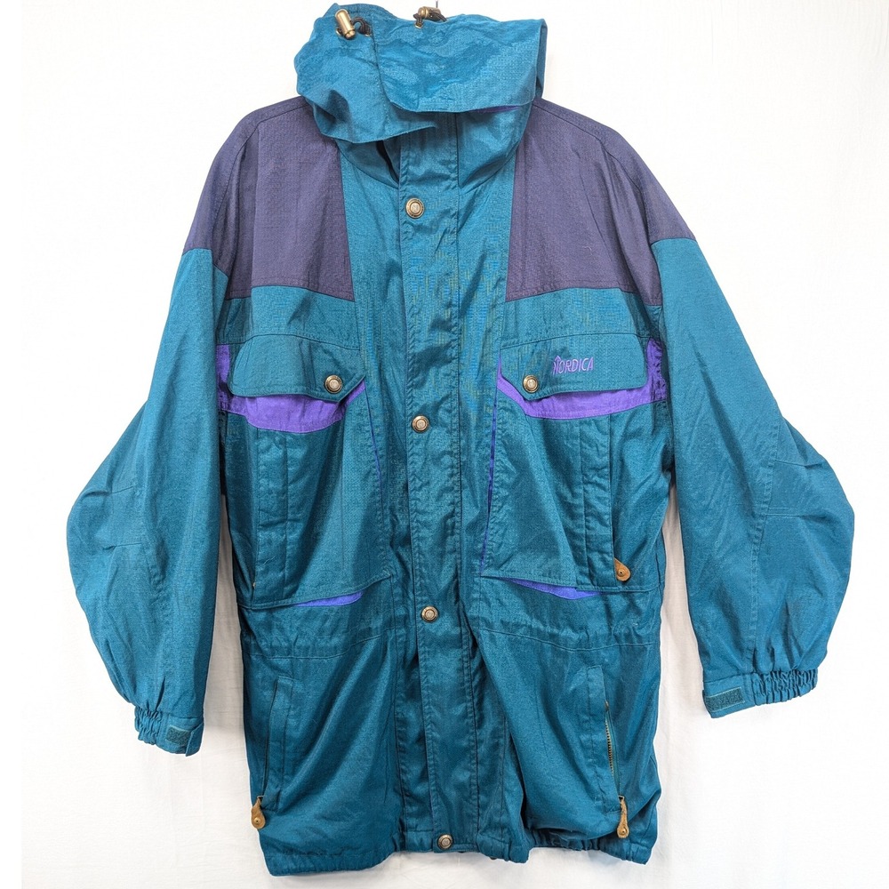 Nordica Classics Vintage Ski‎ Jacket Teal Purple Color Block Hooded Size XL